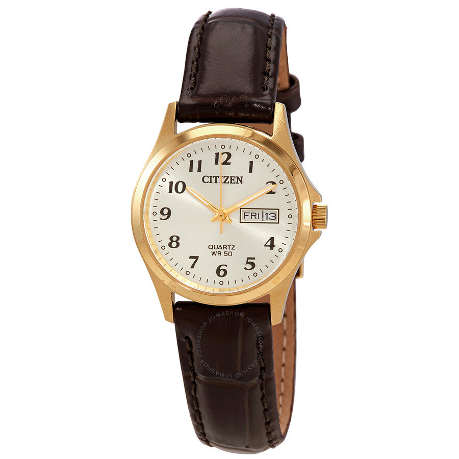 Citizen Quartz Gold Dial Brown Leather Ladies Watch EQ2002-07P - The Watches Men & Co