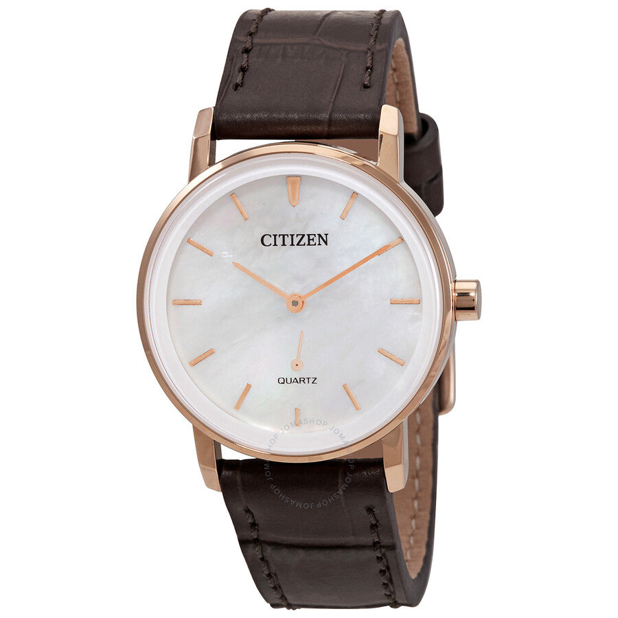 Citizen Quartz White Mother of Pearl Dial Brown Leather Ladies Watch EQ9063-04D - The Watches Men & Co