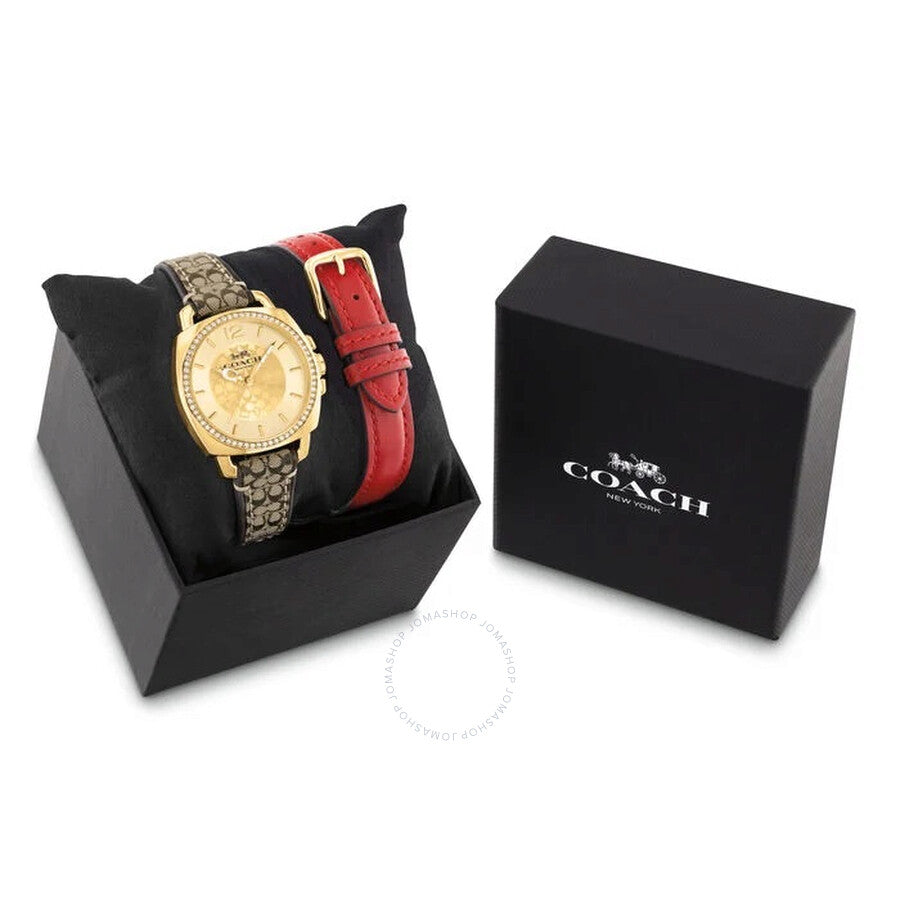 Coach Boyfriend Quartz Crystal Gold Dial Ladies Watch Gift Set - The Watches Men & Co