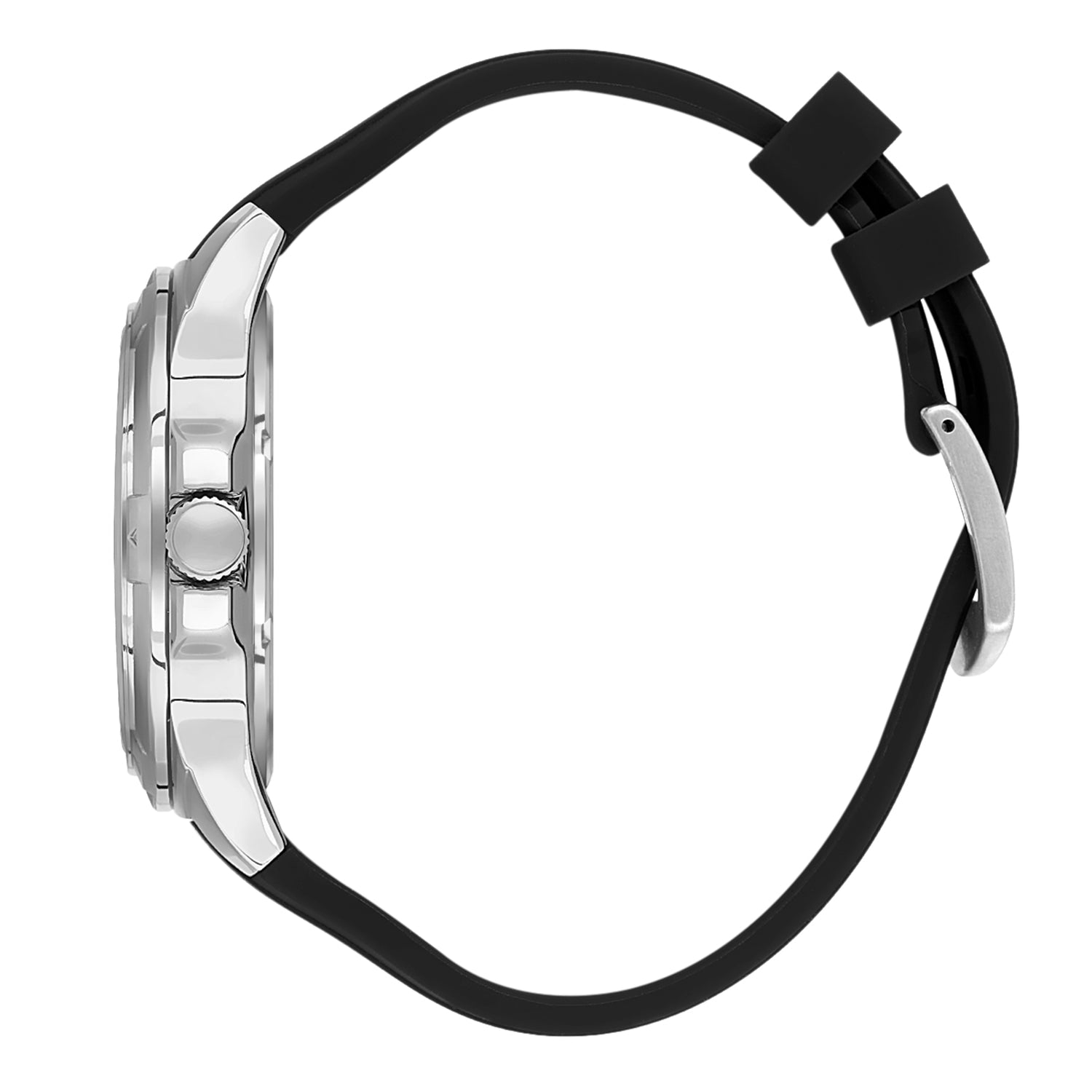 Side view of Daniel Klein watch showing silver case and black silicone strap