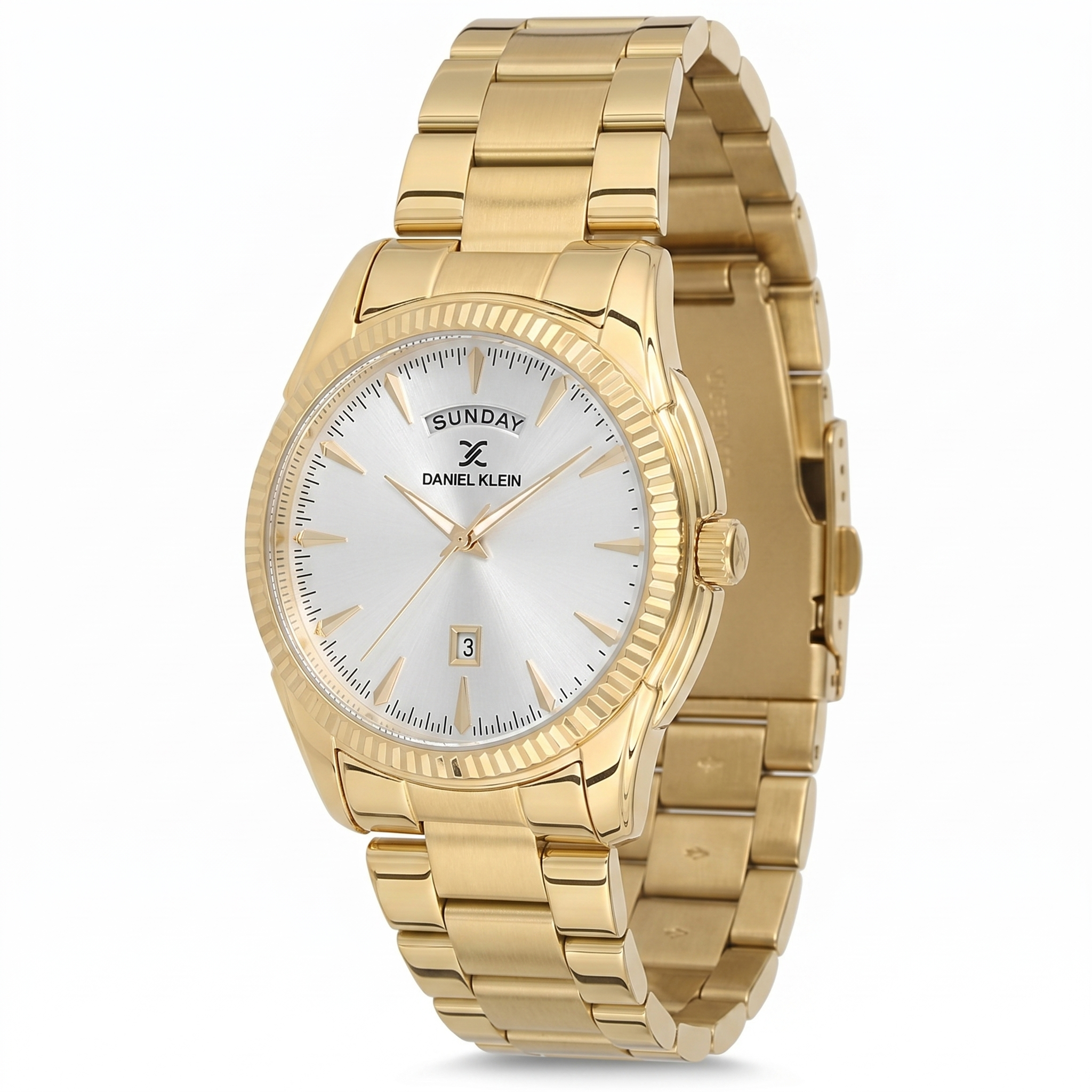 Daniel Klein gold watch at angle showing case, bezel, and gold bracelet