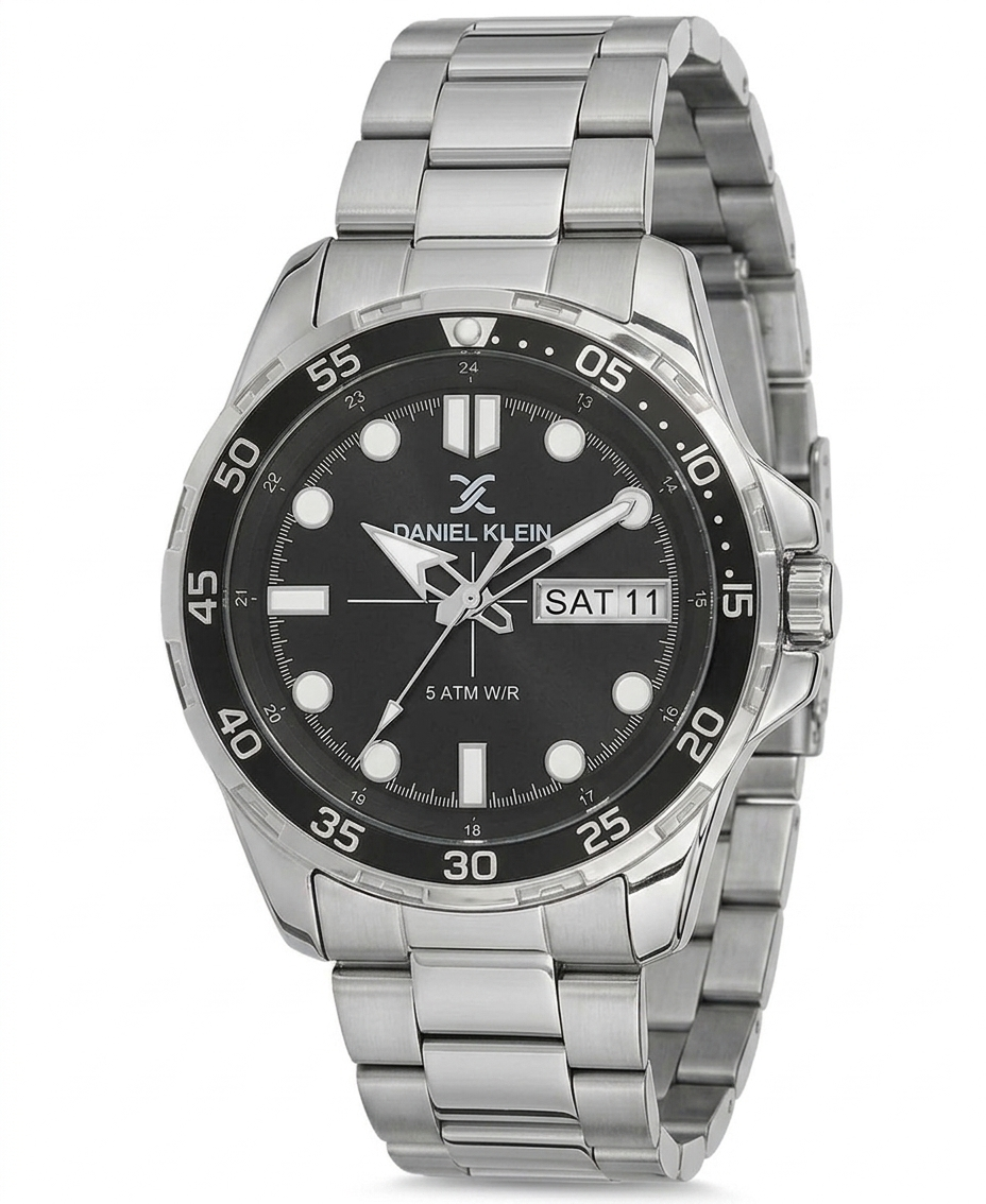 Daniel Klein Premium Day Date Window Black Dial Silver Watch - DK.1.13884-1