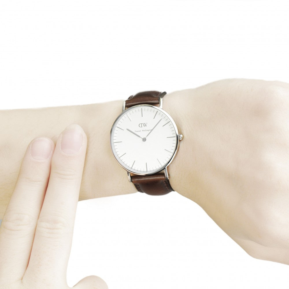 Daniel Wellington Classic Bristol 36mm White Dial Dark Brown Genuine Leather Silver Watch - DW00100056