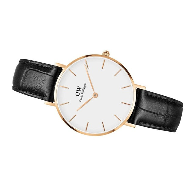 Daniel Wellington Reading 32mm White Dial Black Genuine Leather Women's Gold Watch - DW00100173