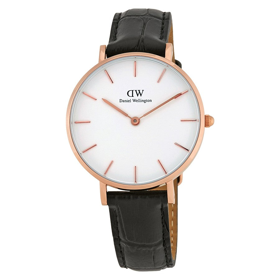 Daniel Wellington Reading 32mm White Dial Black Genuine Leather Women's Gold Watch - DW00100173