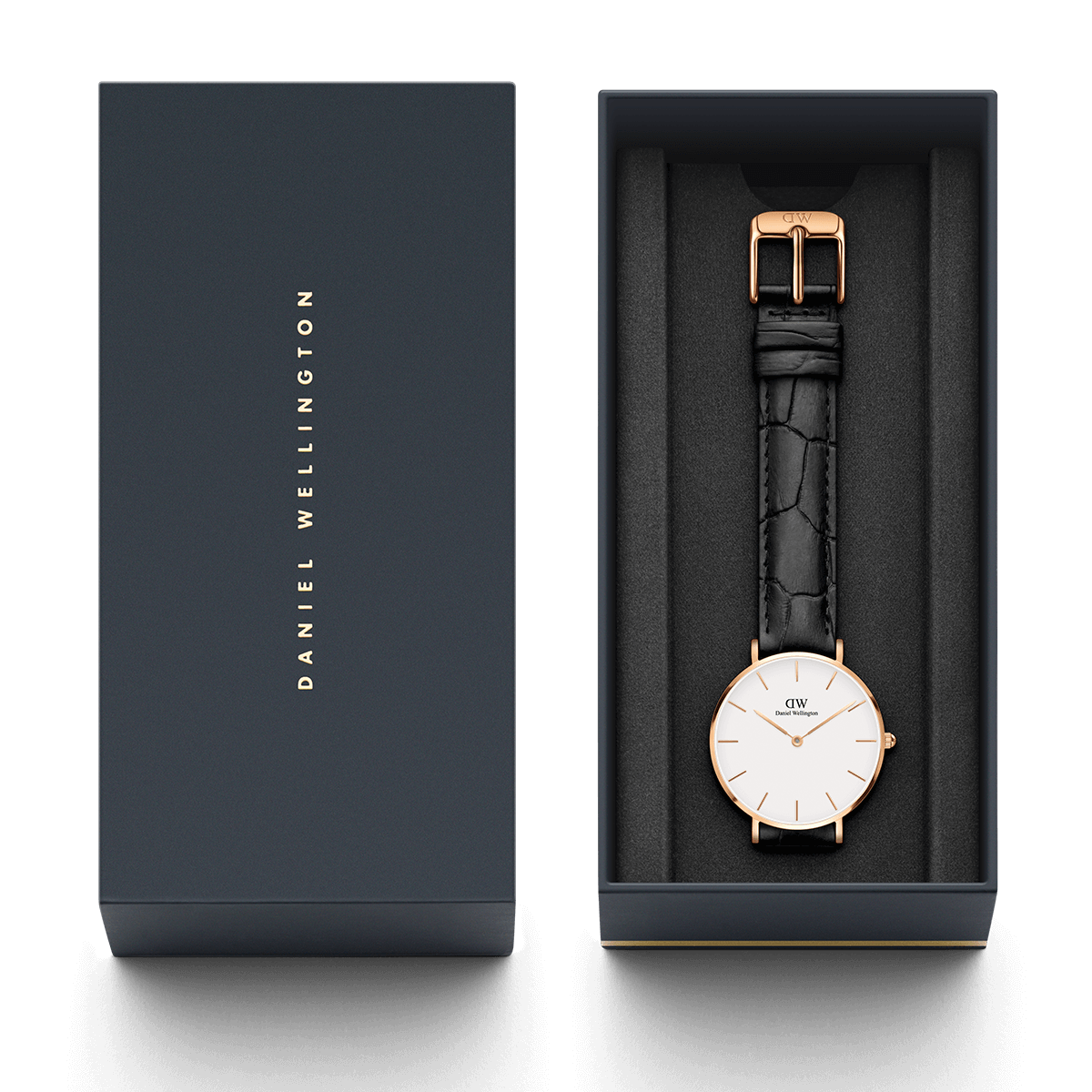 Daniel Wellington Reading 32mm White Dial Black Genuine Leather Women's Gold Watch - DW00100173