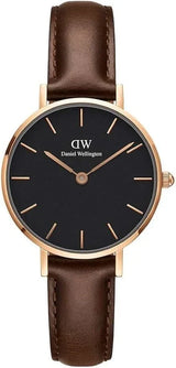 Daniel Wellington Petite Bristol 28mm Watch - Black Dial, Rose Gold Case, Brown Leather Strap - DW00100221