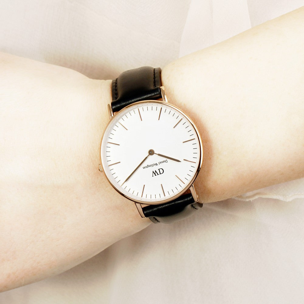 Daniel Wellington Sheffield 36mm White Dial Black Genuine Leather Gold Watch - DW00100036