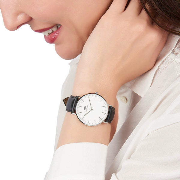 Daniel Wellington Sheffield 36mm White Dial Black Genuine Leather Silver Watch - DW00100053