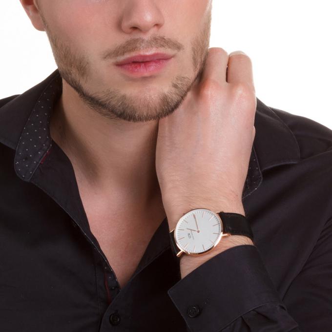 Daniel Wellington Sheffield 40mm White Dial Black Genuine Leather Men's Gold Watch - DW00100007