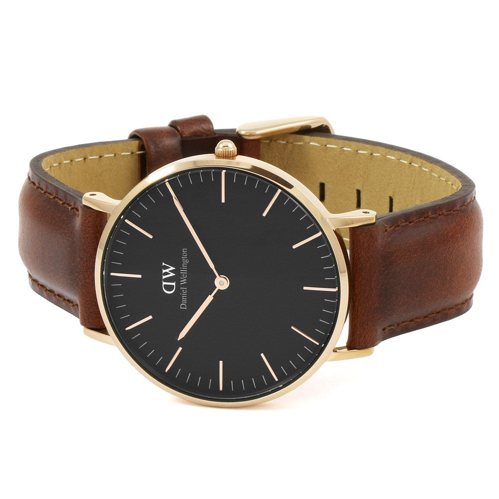 Daniel Wellington St Mawes 36mm Black Dial Brown Genuine Leather Gold Watch - DW00100136