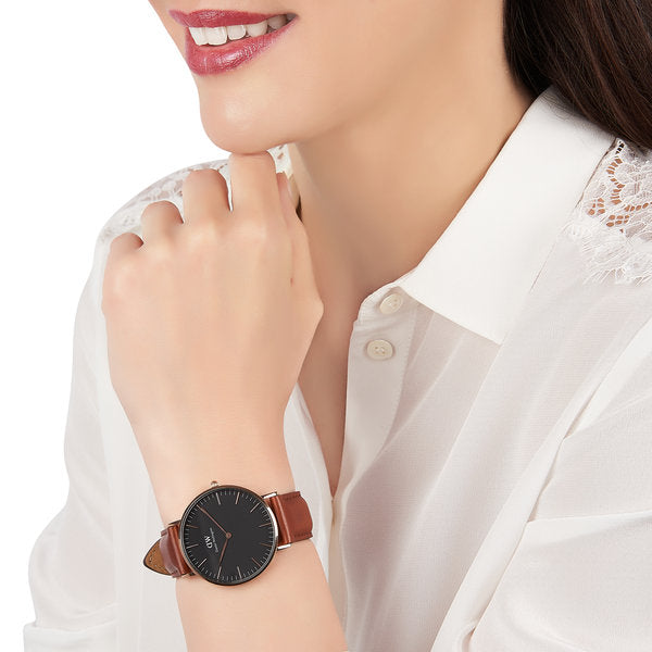 Daniel Wellington St Mawes 36mm Black Dial Brown Genuine Leather Gold Watch - DW00100136