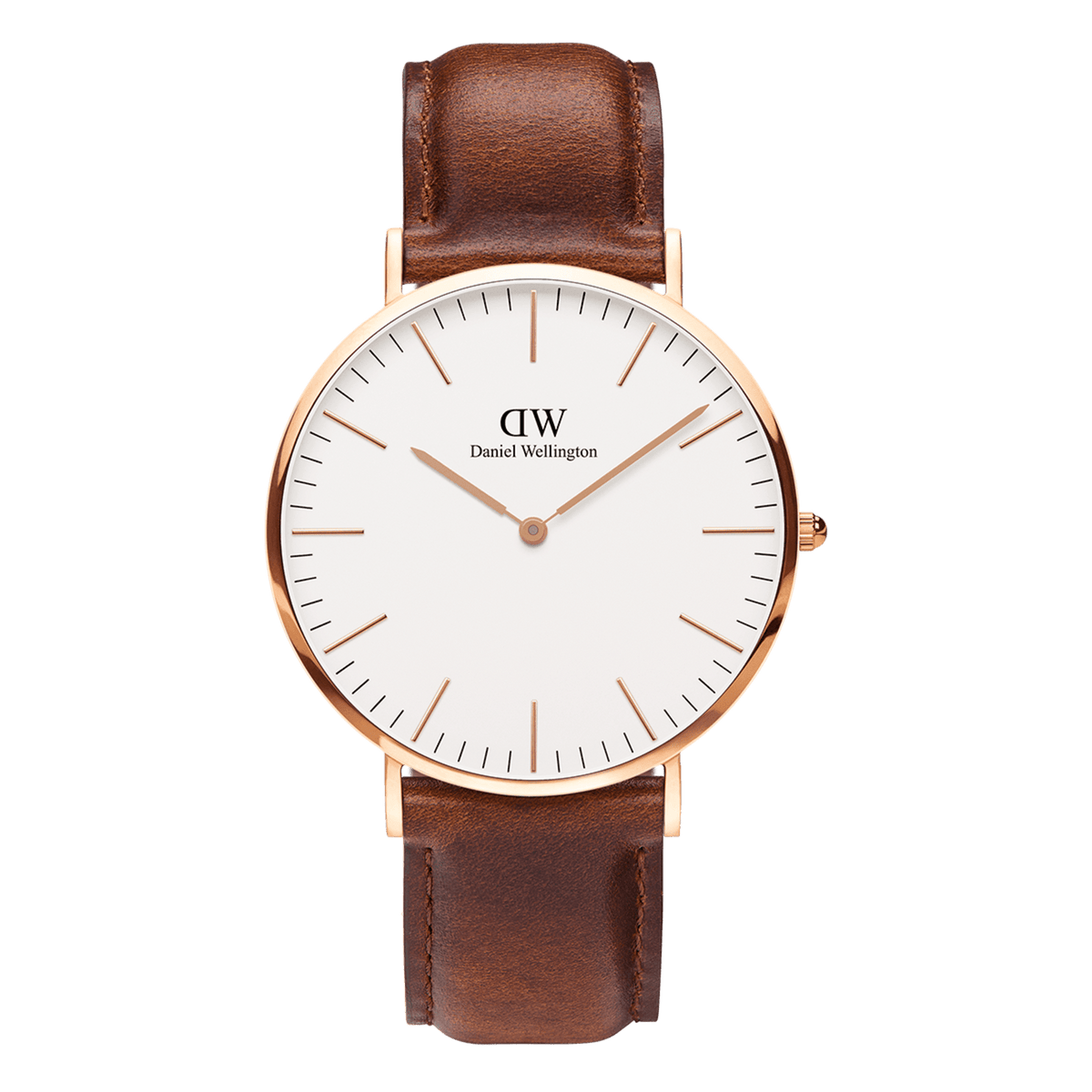 Daniel Wellington St Mawes 36mm watch with white dial, brown leather strap, and rose gold case