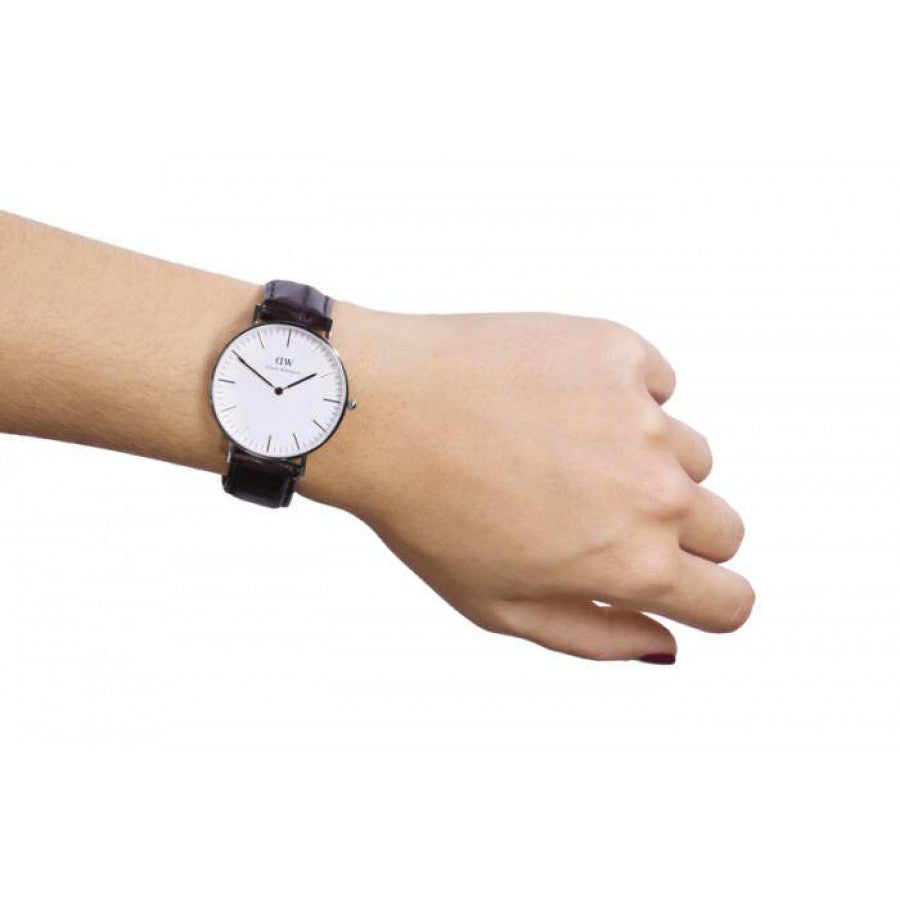 Daniel Wellington York 36mm White Dial Black Genuine Leather Silver Watch - DW00100055