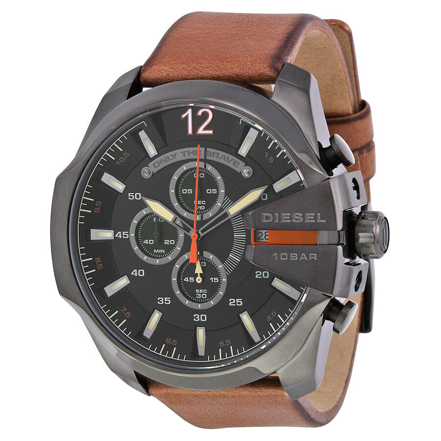 Diesel Mega Chief Reloj de cuarzo para hombre de cuero marrón con esfera negra DZ4343