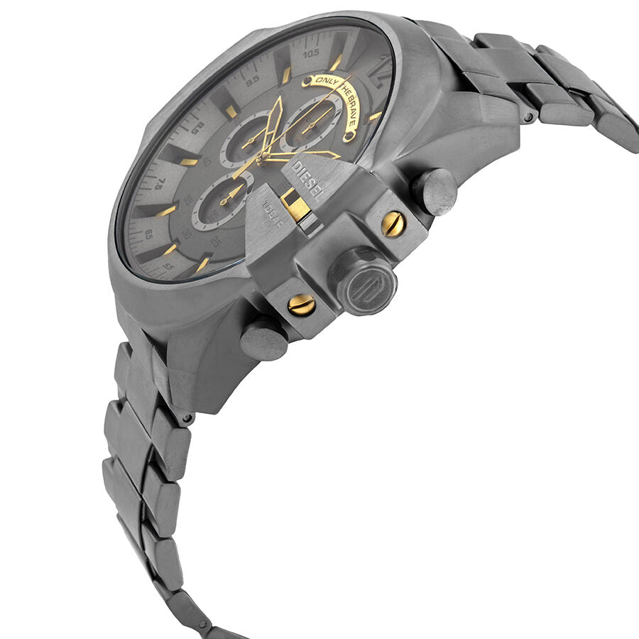 Diesel Mega Chief chronograph watch side view showing case depth and grey steel bracelet