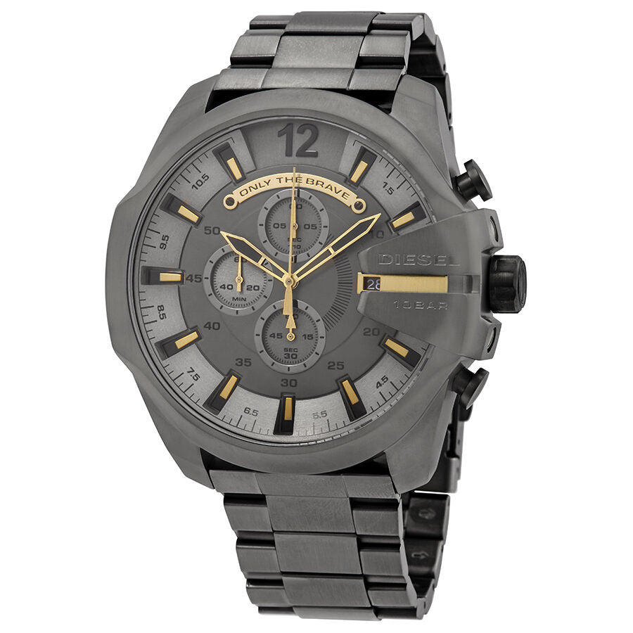 Diesel Mega Chief chronograph watch with grey dial, gold hands and indices, stainless steel bracelet