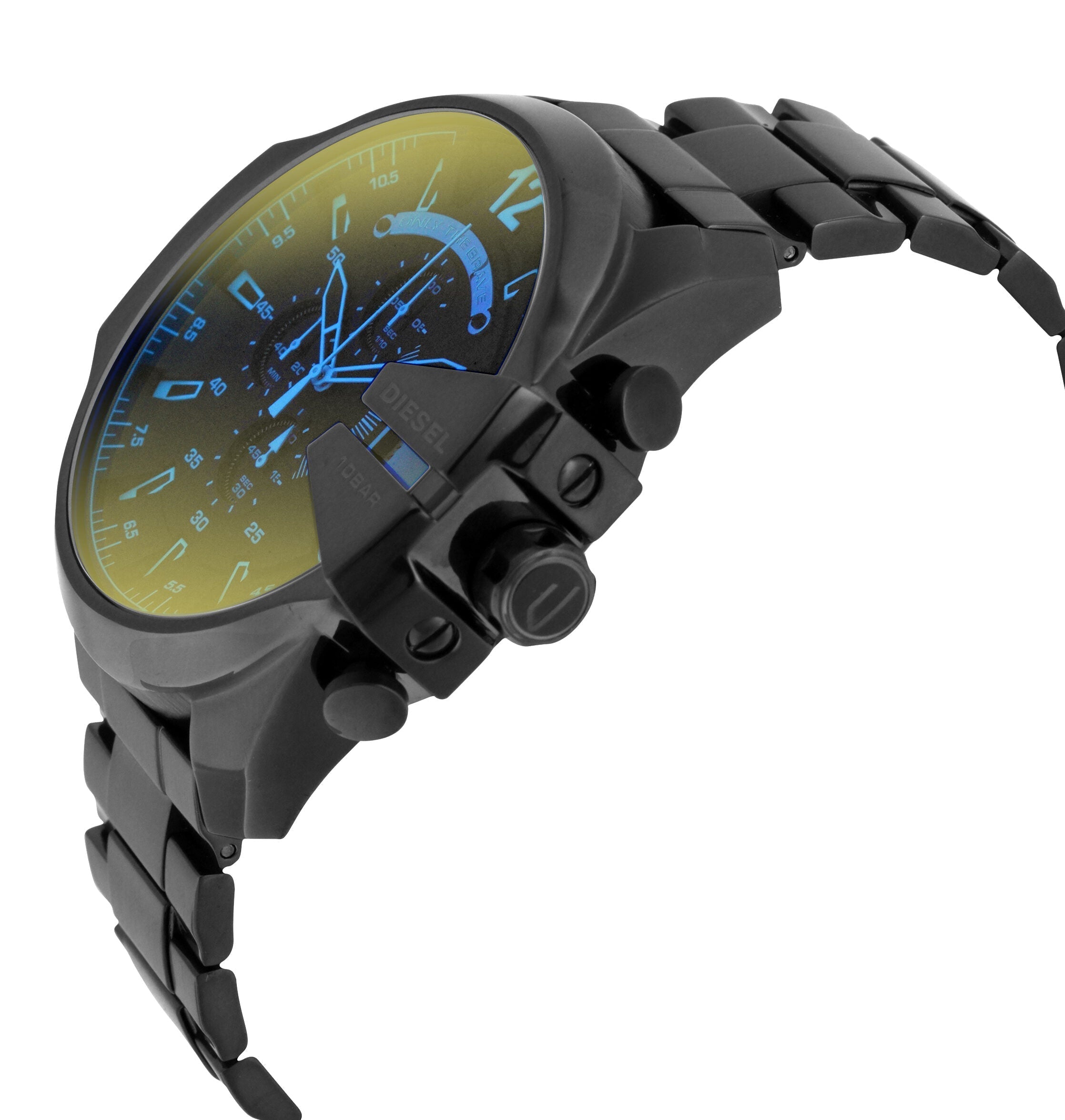 Diesel Mega Chief watch side view showing black ion-plated stainless steel case and bracelet