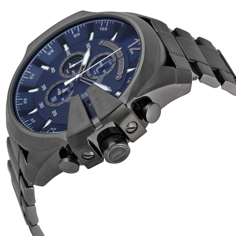 Diesel Mega Chief chronograph watch shown at angle with blue dial and chronograph pushers