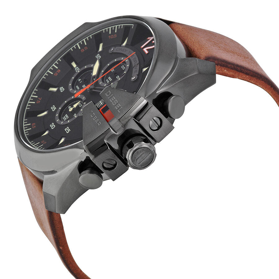 Diesel Mega Chief watch side view showing case profile and brown leather strap