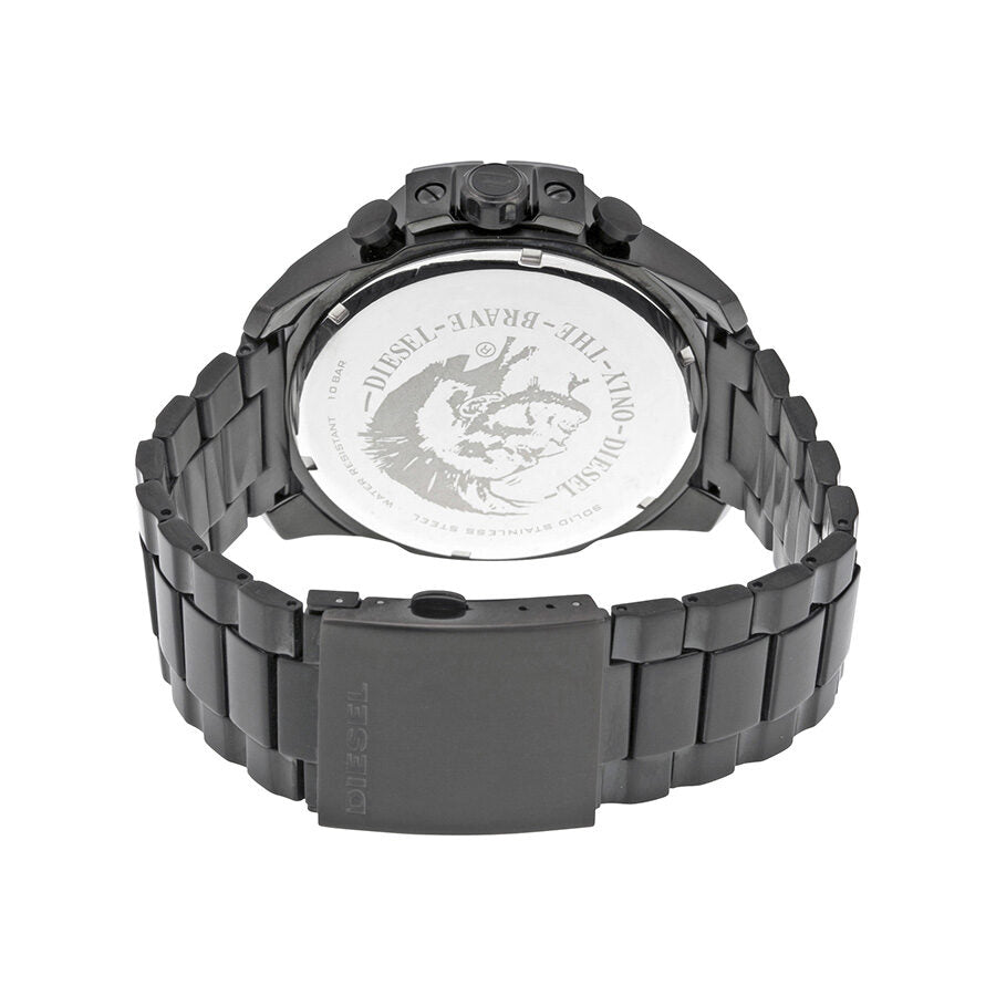 Diesel Mega Chief watch caseback showing engraved Diesel logo and water resistance rating on black stainless steel