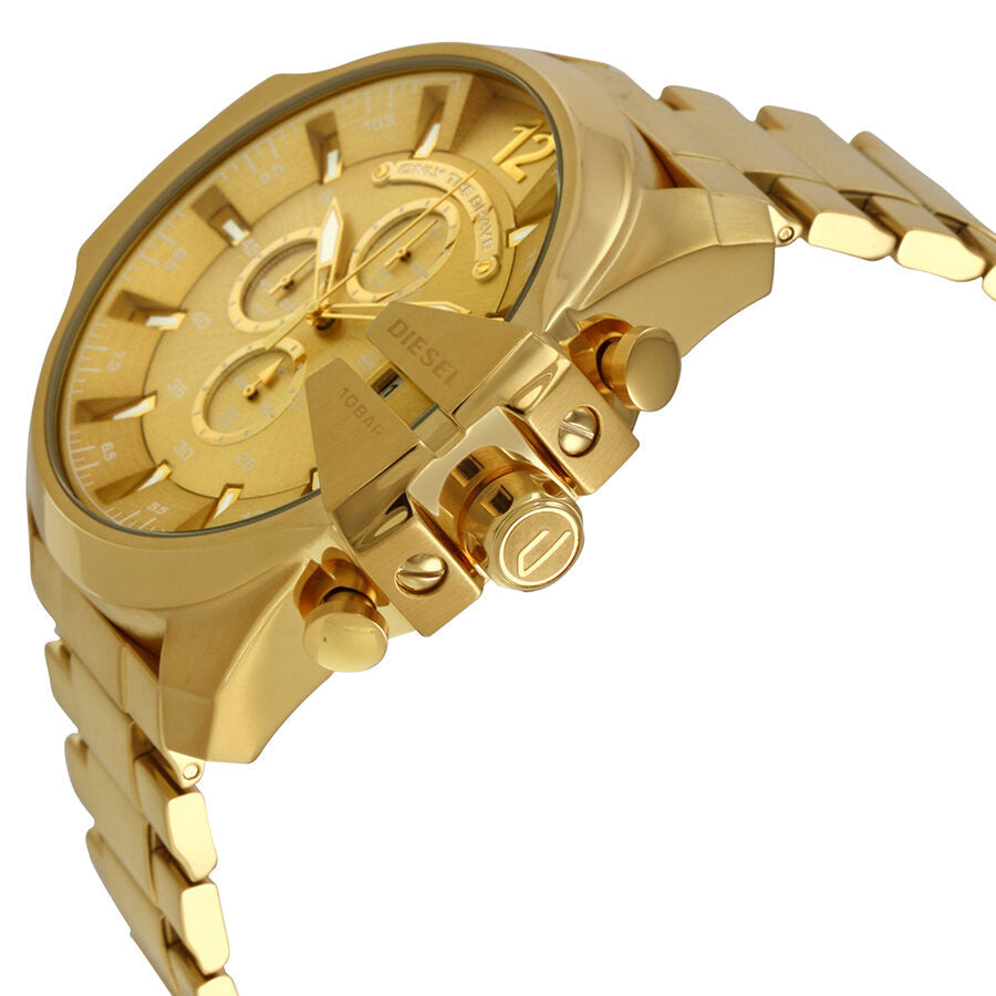Diesel Mega Chief Chronograph gold watch side view showing chronograph pushers and gold bracelet