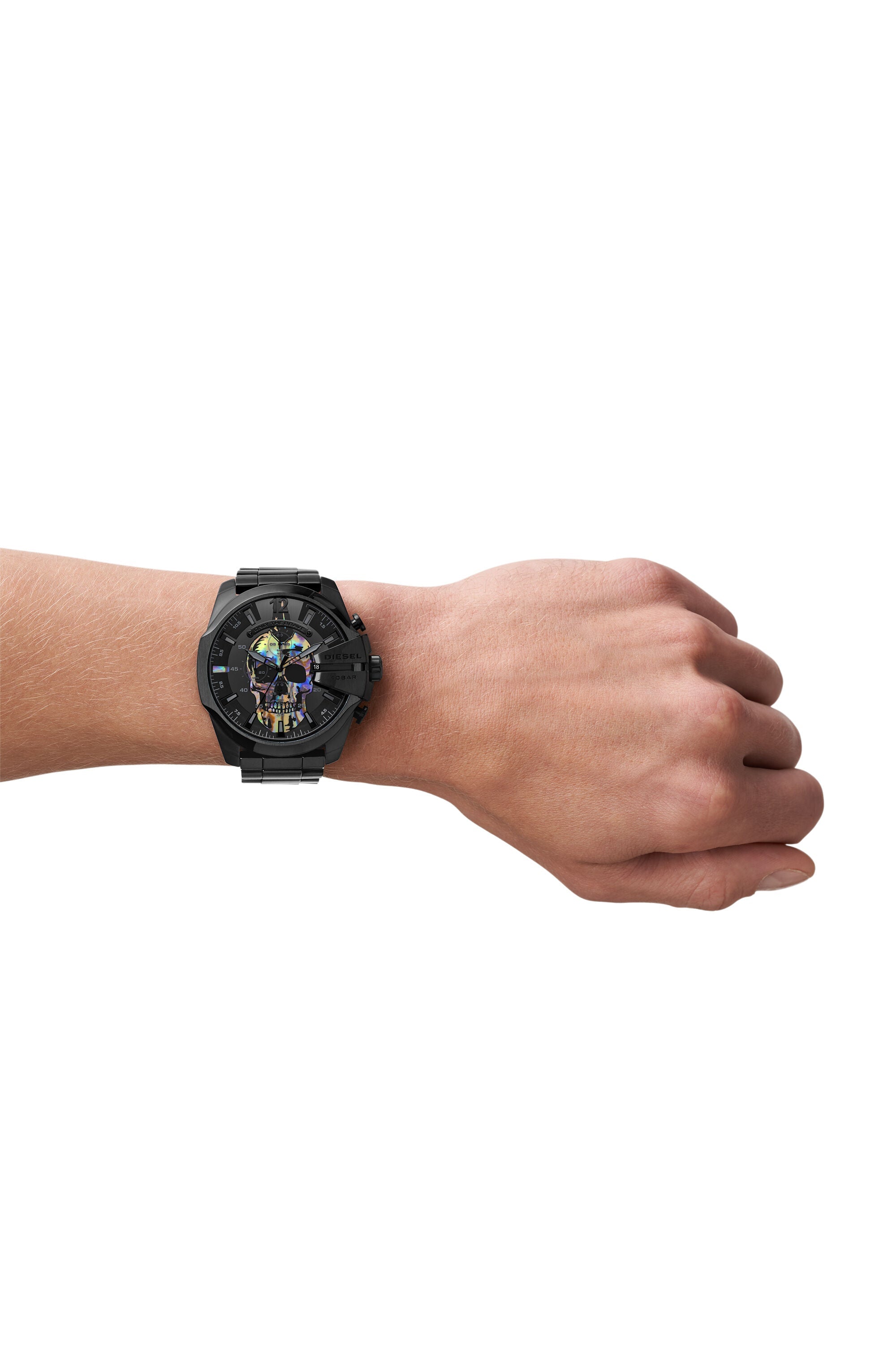 Diesel Mega Chief DZ4582 worn on wrist showing black dial with rainbow skull design