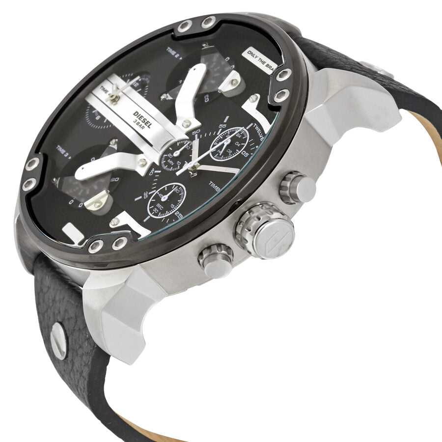 Diesel Mr. Daddy 2.0 angled view showing black dial, silver chronograph subdials, and leather strap detail