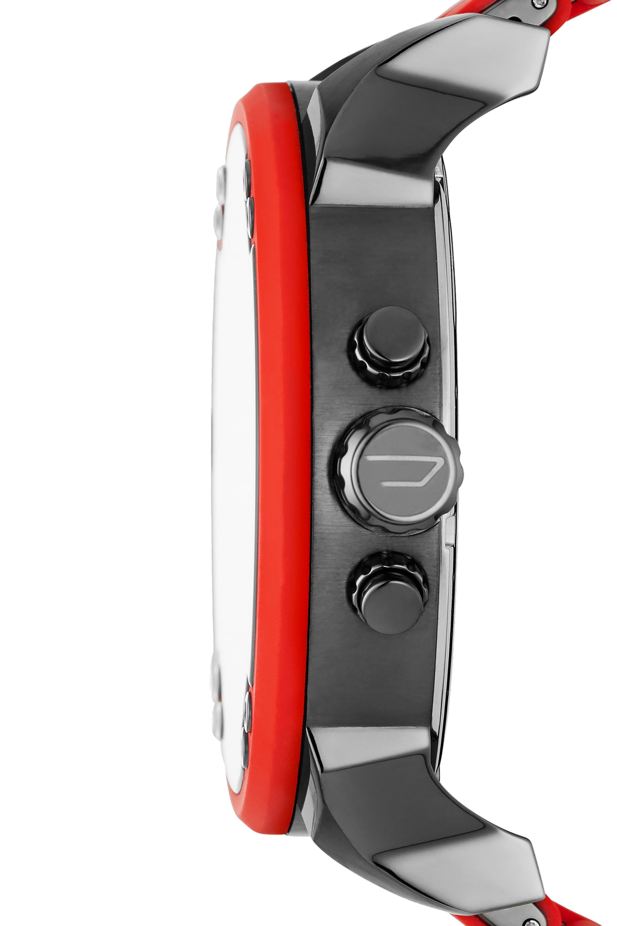 Side profile of Diesel Mr. Daddy 2.0 watch showing red strap and metal case