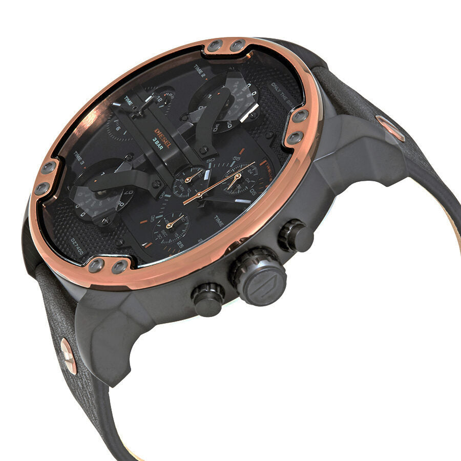 Diesel Mr. Daddy 2.0 watch side angle view showing bronze bezel and black leather strap
