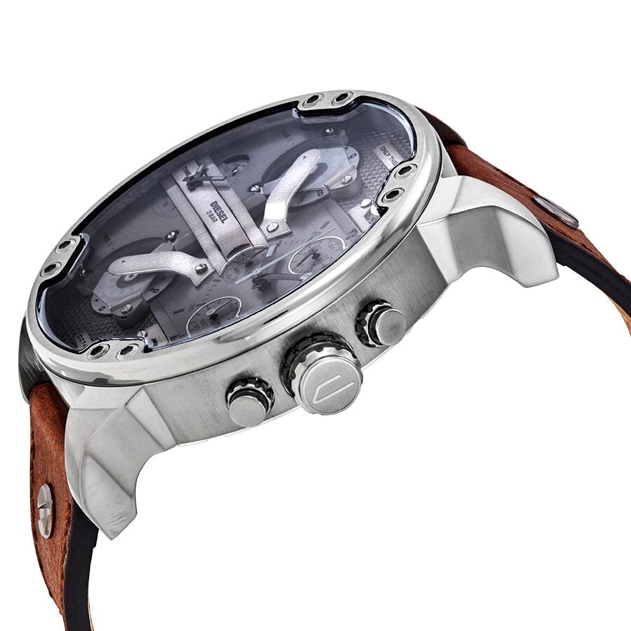Diesel Mr. Daddy 2.0 watch from side angle showing stainless steel case and brown strap