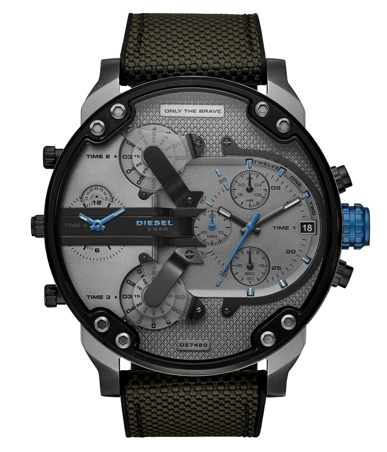 Diesel Mr. Daddy 2.0 chronograph watch front view with dual time zones and blue pushers