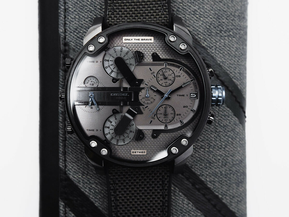 Diesel Mr. Daddy 2.0 chronograph watch flat lay with gray dial and multiple subdials