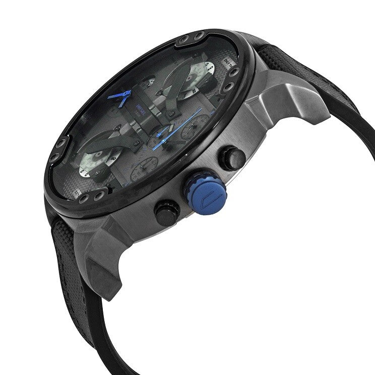 Diesel Mr. Daddy 2.0 watch side profile showing black stainless steel case and fabric strap