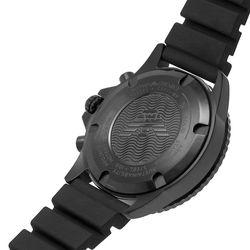 Caseback of Emporio Armani AR11463 diver watch with engraved wave pattern