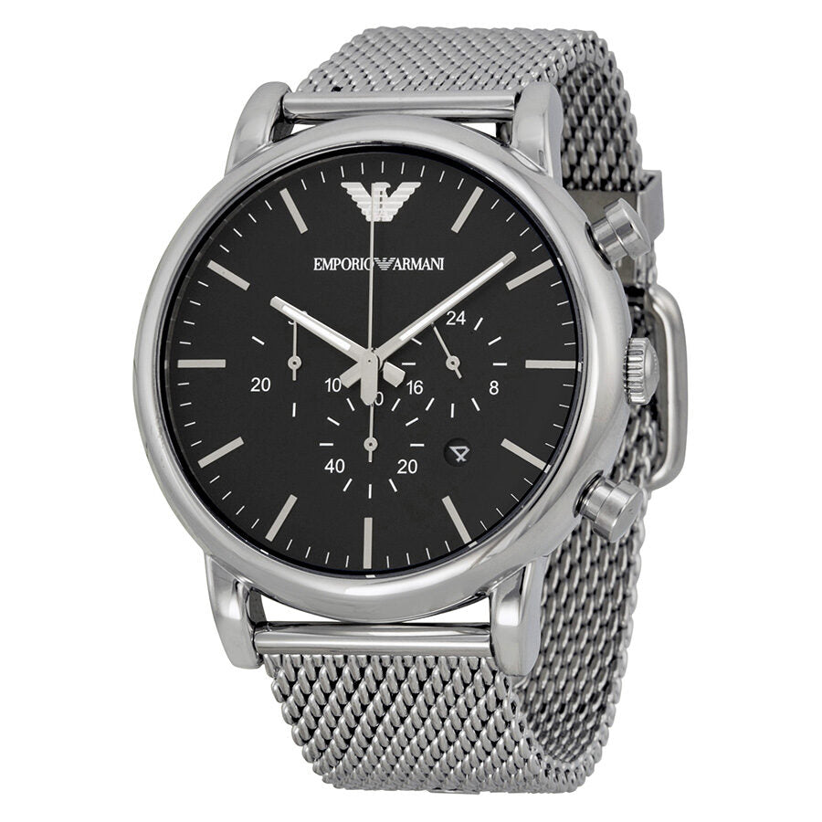 Emporio Armani AR1808 chronograph watch with black dial and silver mesh bracelet front view