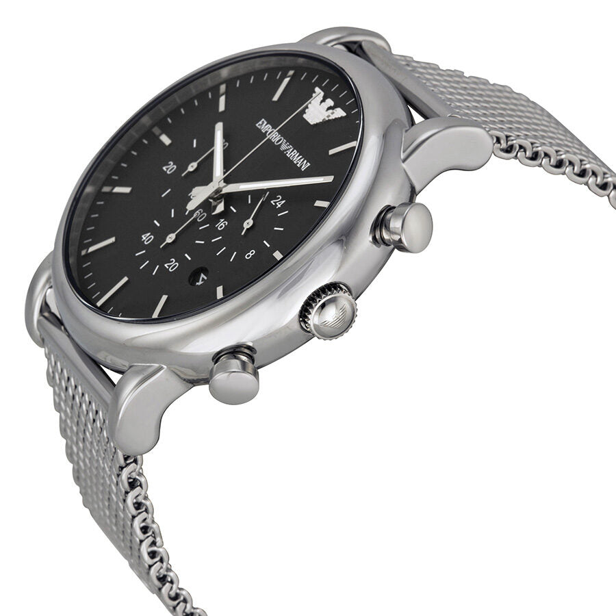Emporio Armani AR1808 chronograph watch angled side view showing silver mesh band and pushers