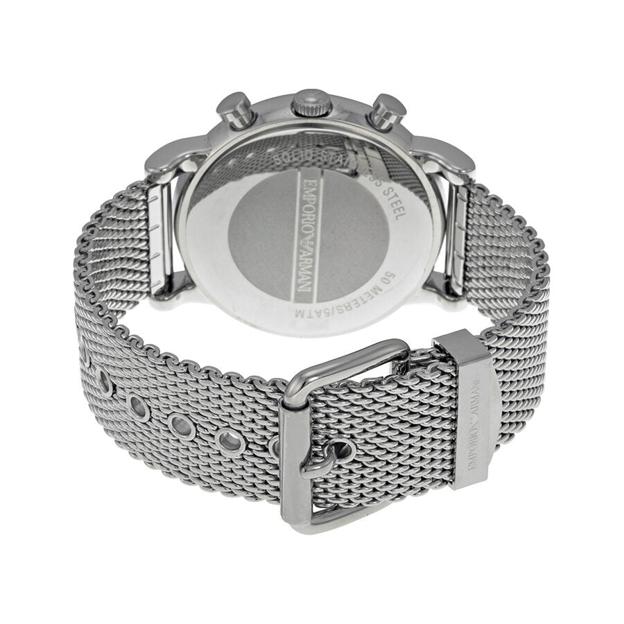 Emporio Armani AR1808 watch case back view showing transparent exhibition back and silver mesh bracelet