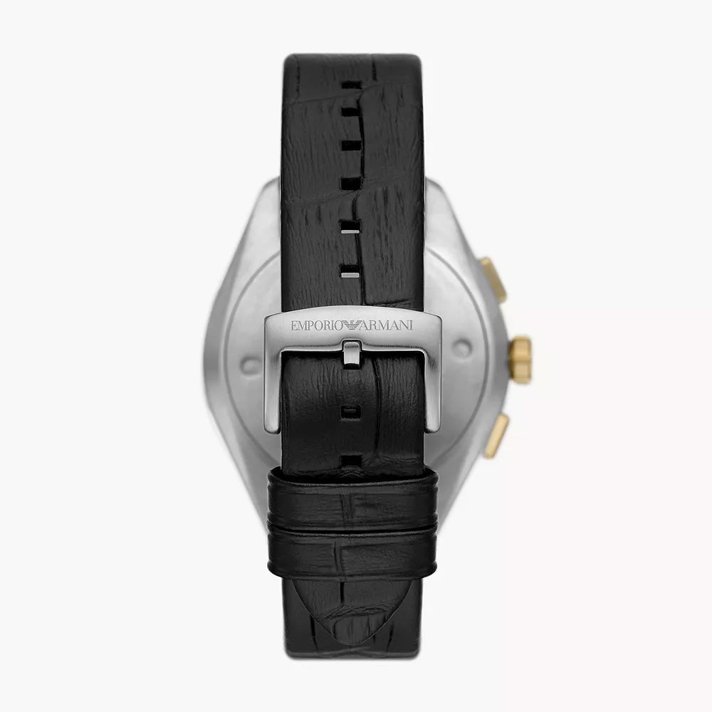 Emporio Armani Claudio watch caseback view showing black leather strap and buckle