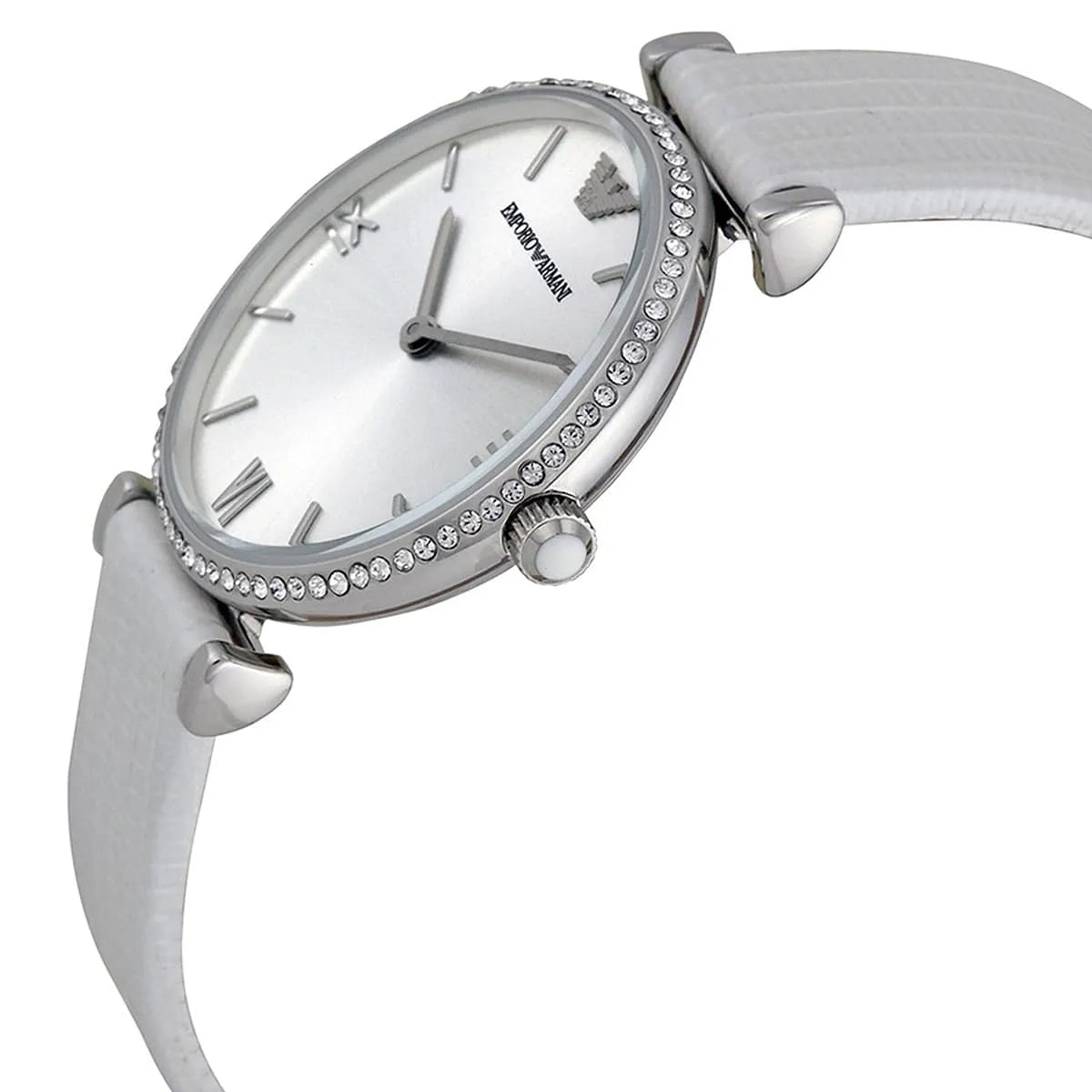 Emporio Armani Gianni T-Bar AR1680 on wrist showing crystal-set bezel and silver case profile