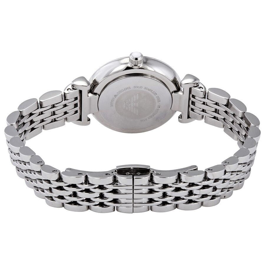 Caseback of Emporio Armani Gianni T-Bar watch with stainless steel bracelet
