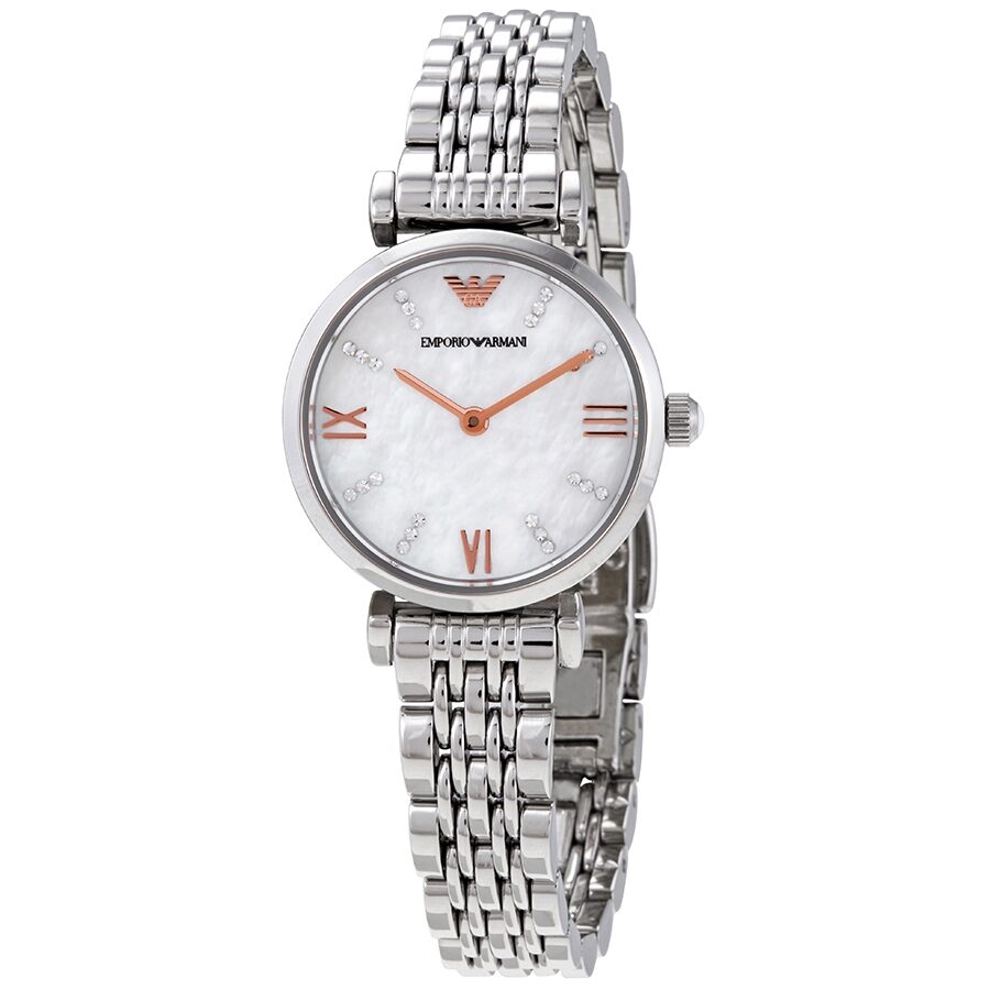 Emporio Armani Gianni T-Bar women's watch with white mother-of-pearl dial and silver bracelet