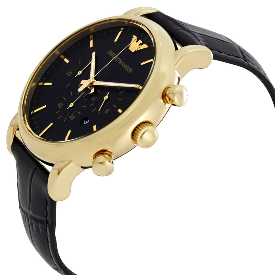 Three-quarter view of Luigi chronograph showing gold pushers and black leather strap