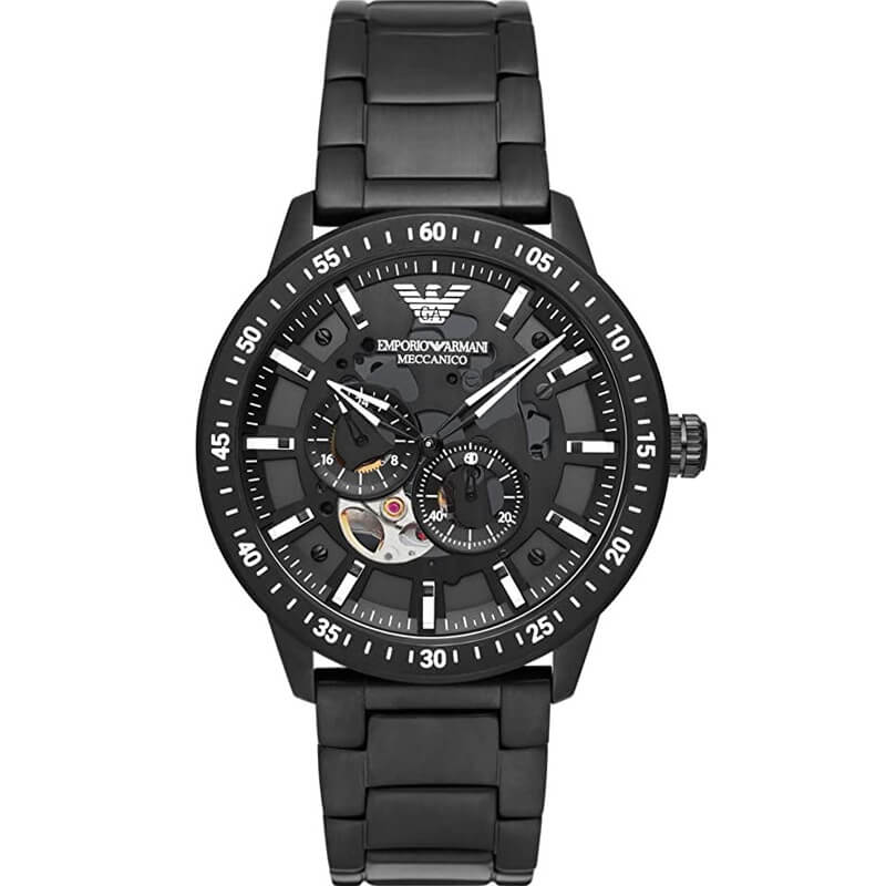 Emporio Armani Mario automatic men's watch with black dial, skeleton movement window, and black stainless steel bracelet