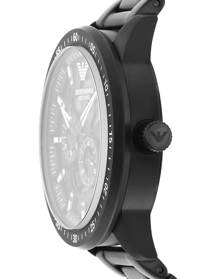 Side profile of Emporio Armani Mario watch showing black case, crown, and bracelet
