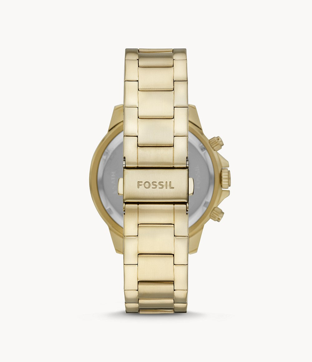 Caseback view of Fossil Bannon watch showing gold-tone stainless steel bracelet