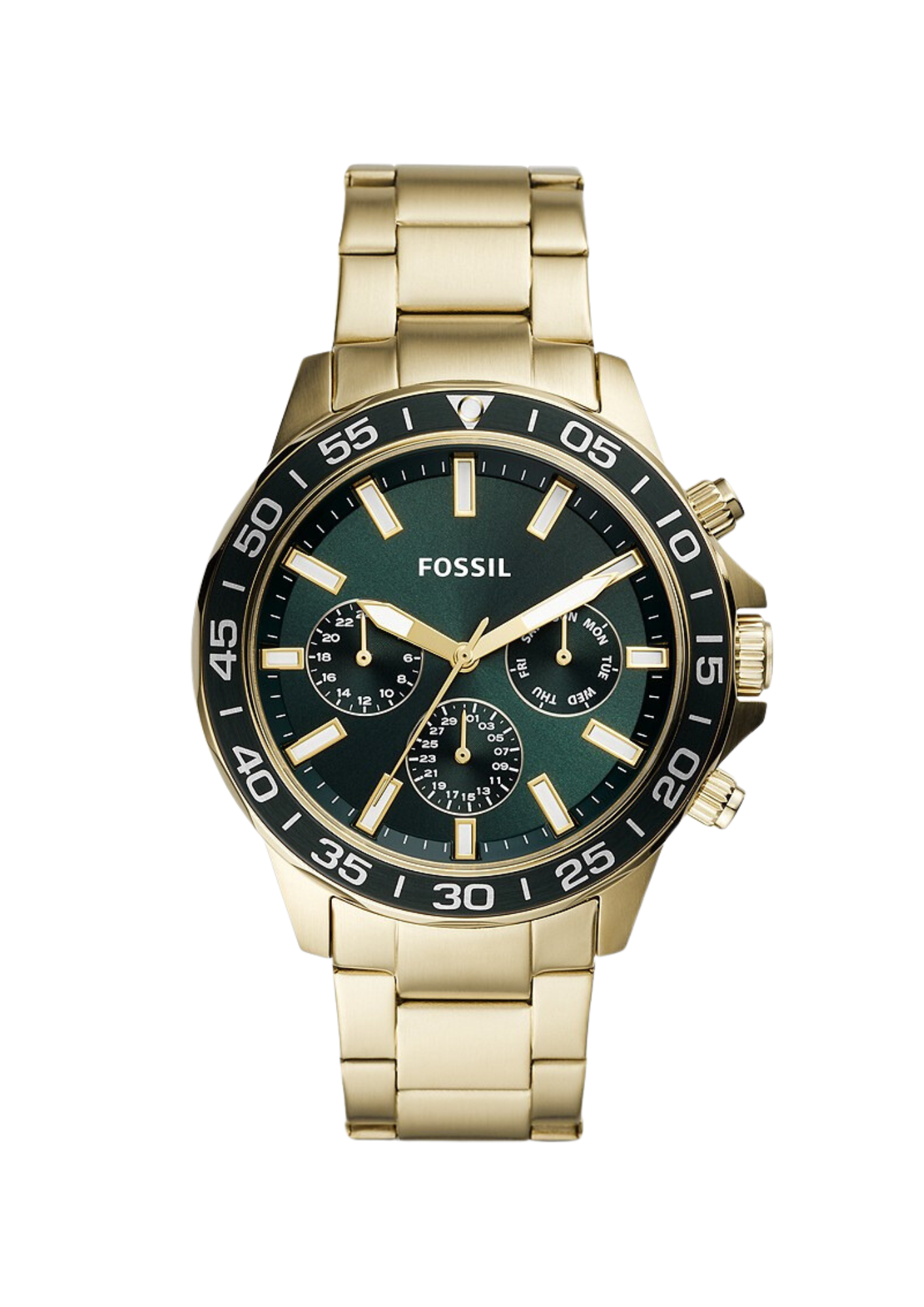 Fossil Bannon gold-tone multifunction watch with green dial and chronograph subdials