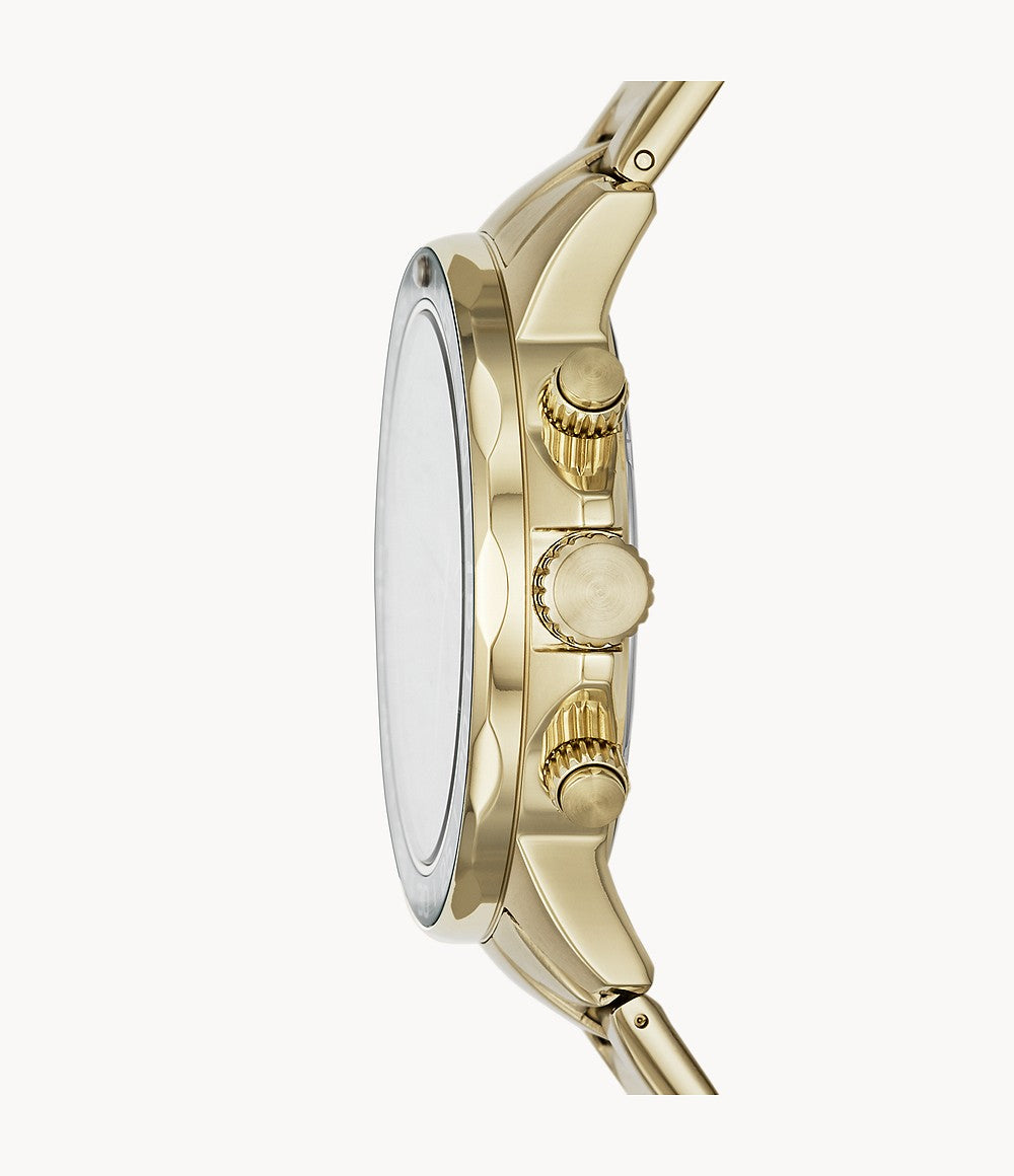 Side view of Fossil Bannon watch showing gold-tone case profile and pushers