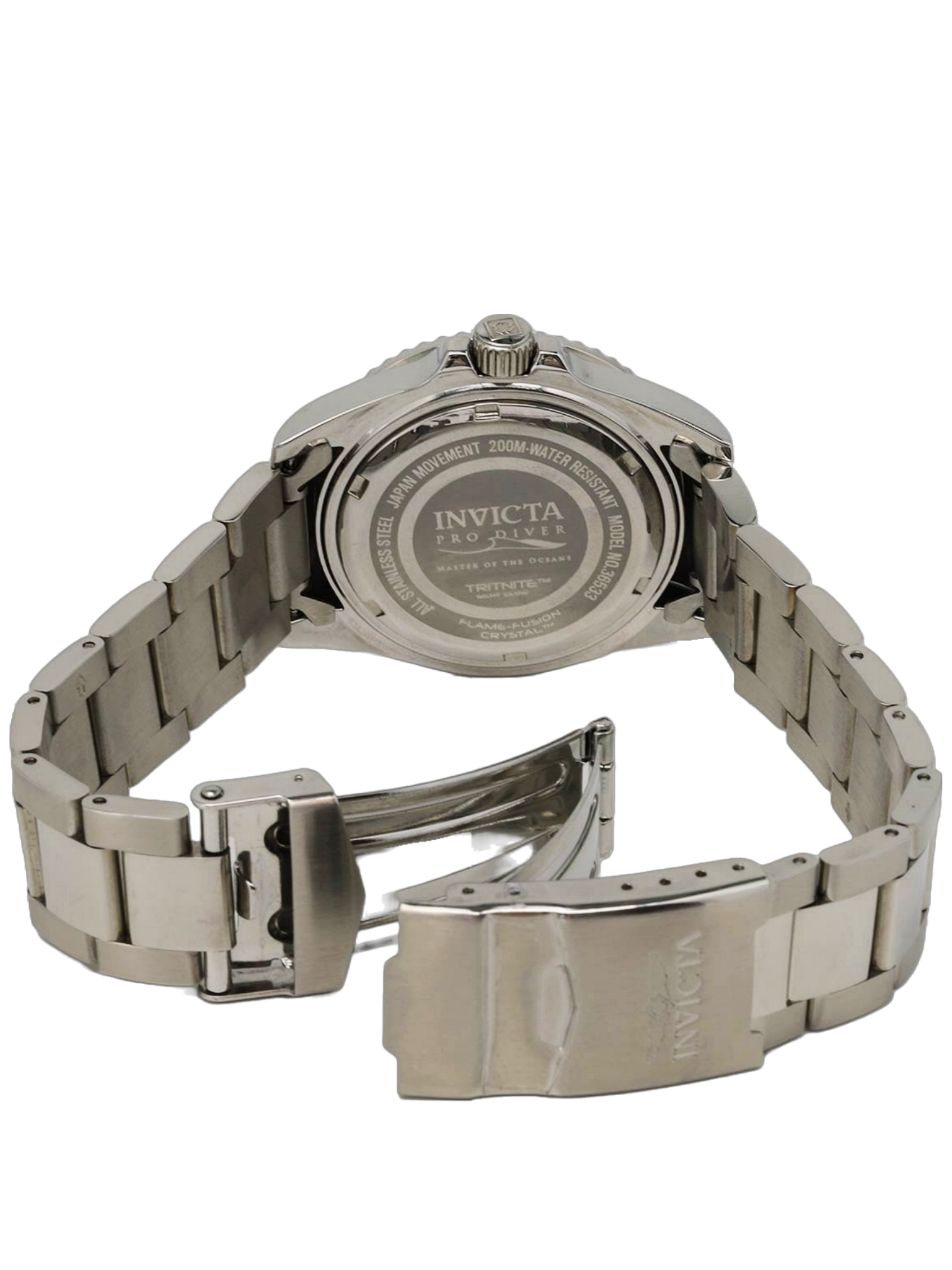 Invicta Pro Diver caseback showing steel case and bracelet with deployment clasp