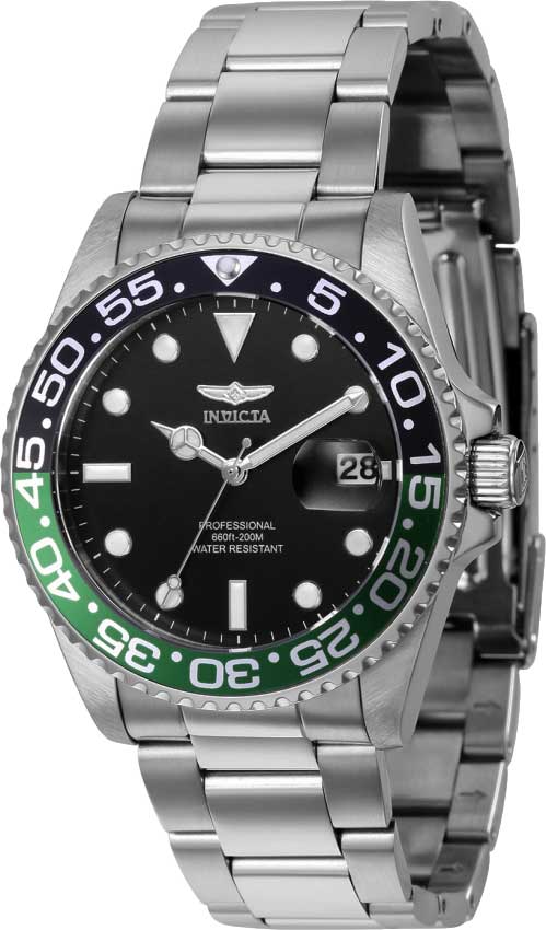 Invicta Pro Diver black dial watch with Sprite green and black rotating bezel and stainless steel bracelet